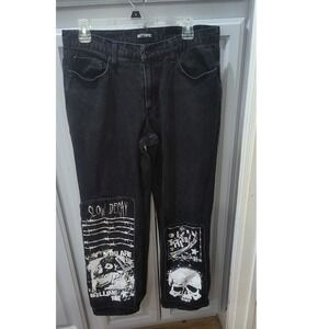 Hot Topic Mens Black Punk Graphic Patch Jeans Skulls Barbed Wire 32x32 Gothic